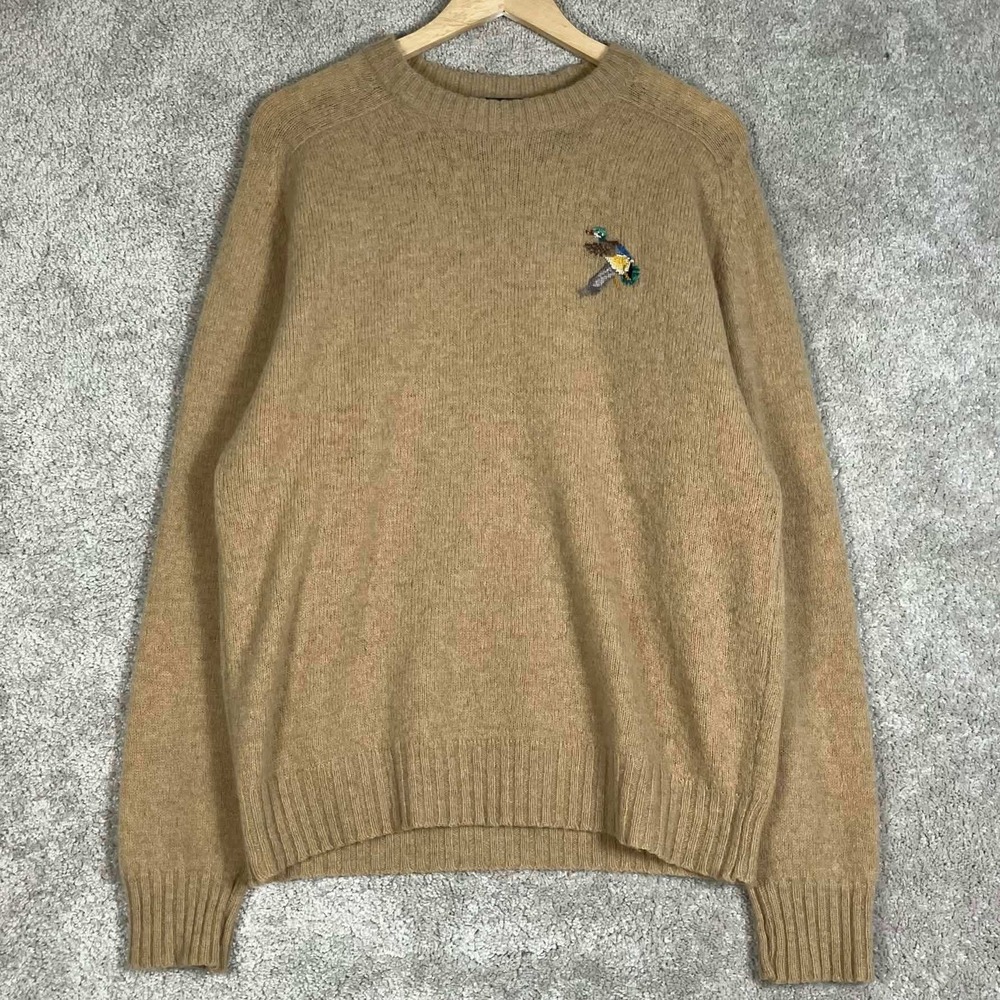 Vintage 90s Wool Blend Crewneck Sweater Mens L Tan Duck Embroidery Hunting 80s